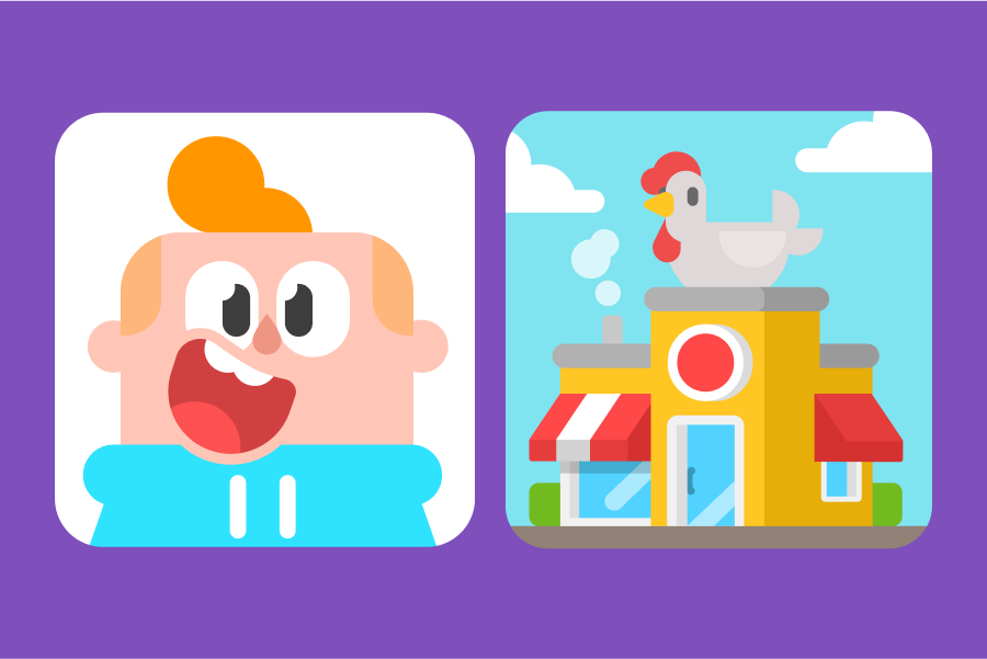 Ilustração do Júnior com cara de animado, ao lado da imagem de um restaurante com uma estátua em forma de galinha no telhado.