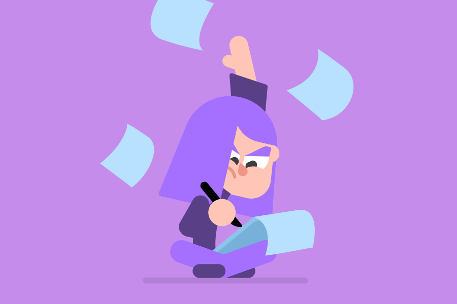 llustration of Lily sitting on the floor and looking frustrated. She's writing on a notepad and throwing papers in the air.