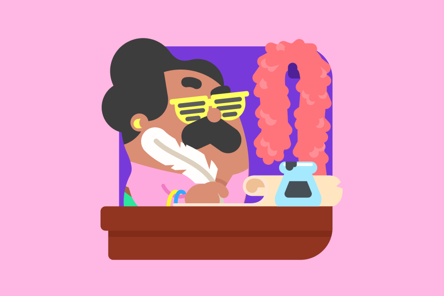  Ilustração do Óscar sentado em uma mesa com uma pena e um tinteiro, óculos de sol coloridos e um boá de penas na parede.