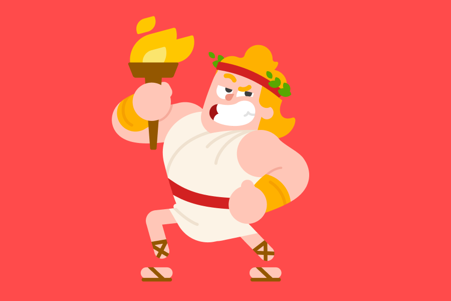 Eddy dressed as an Ancient Greek, wearing a toga, crown of laurels, leather sandals, and holding the Olympic torch