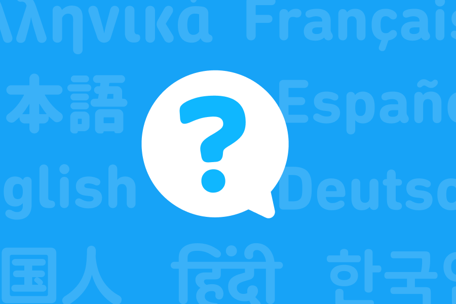 Illustration of a question mark in a speech bubble with the names of languages in the background