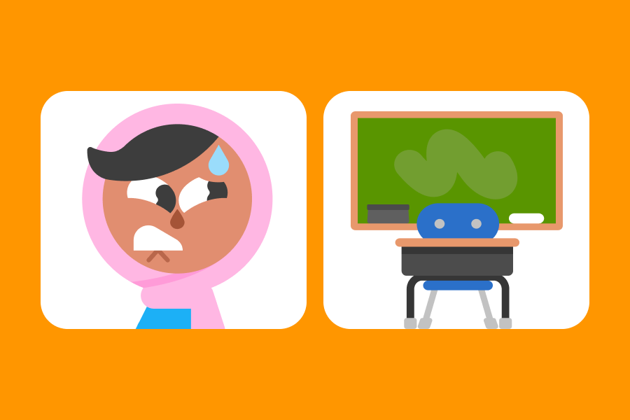 Illustration of Zari looking panicked next to a chalkboard and student desk