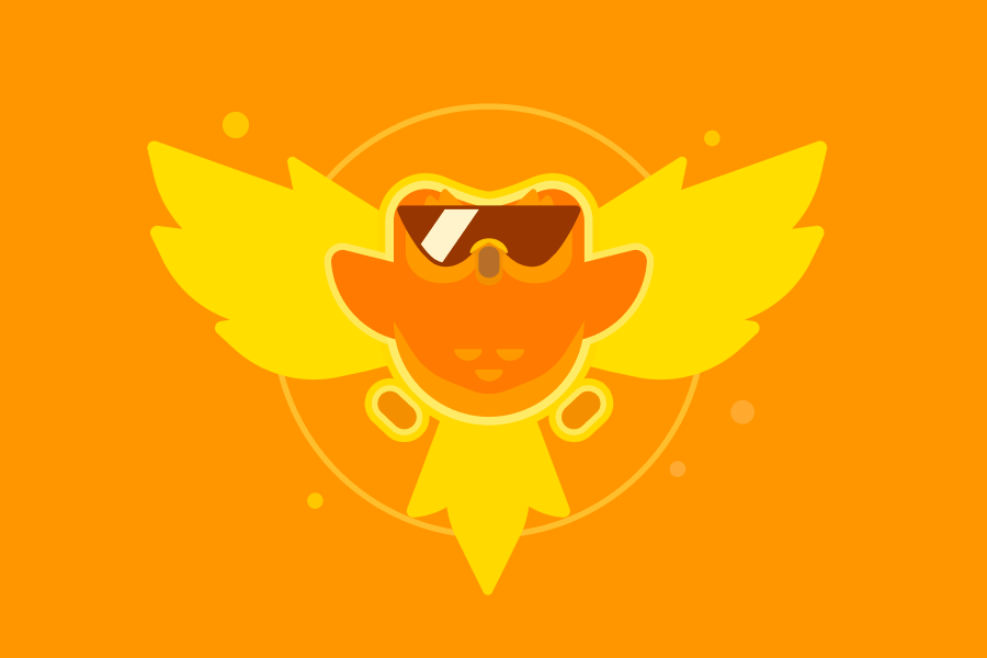 Illustration of an orange Duolingo owl wearing sunglasses with yellow wings behind him