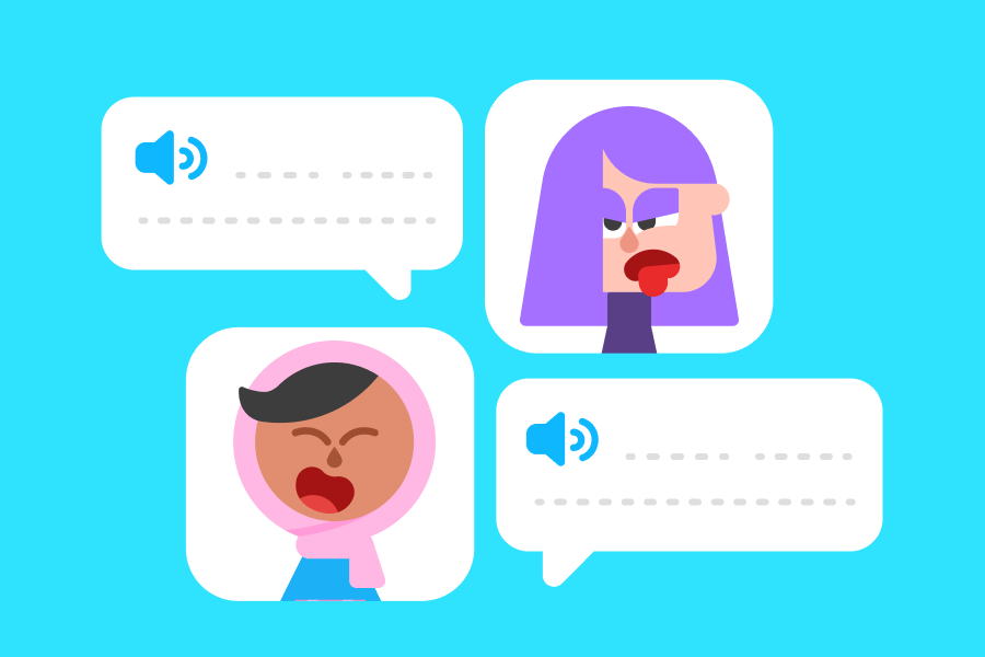 Abbildung einer gelangweilten Lilli mit einer Sprechblase und darunter eine fröhliche Sari auch mit einer Sprechblase.