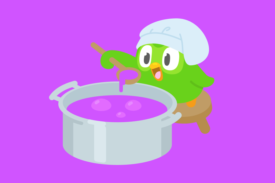 Illustration de Duo le hibou habillé en chef cuisinier et plongeant une louche dans une grande marmite bouillonnante