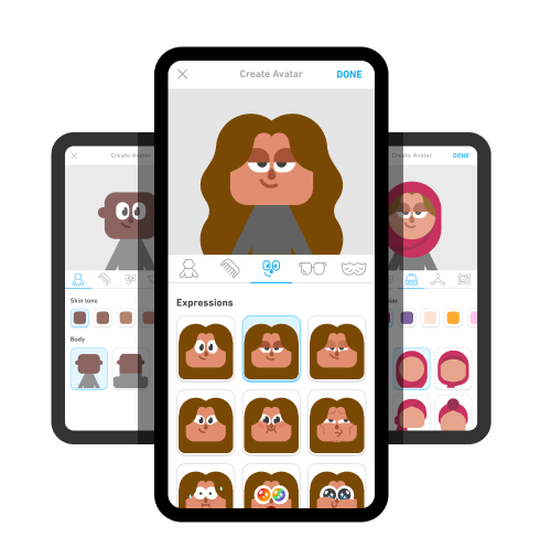Capture d'écran d’une page de profil dans l’éditeur d'avatar, montrant un avatar en cours de création et la possibilité de choisir entre 9 expressions faciales différentes.