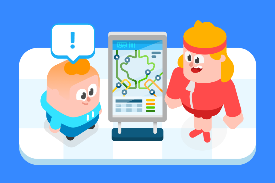 Junior and Eddy smiling and looking at a transit map where the transit lines are in the shape of the Duolingo owl