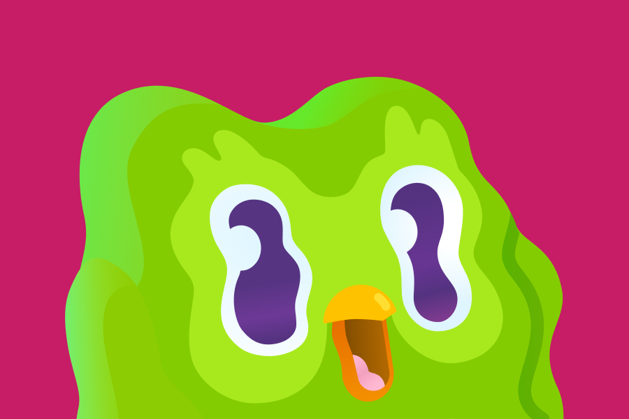 Ilustração de uma das versões do widget do Duolingo, na qual o Duo aparece ondulado como se estivesse derretendo.