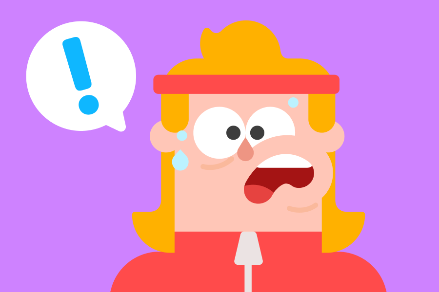 Eddy sweating and looking stressed, next to a speech bubble with an exclamation mark