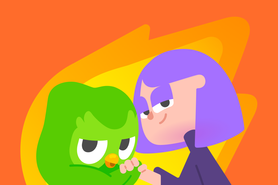 Lily et Duo, qui se serrent la main et sourient au lecteur. Derrière eux, une grande flamme est allumée.