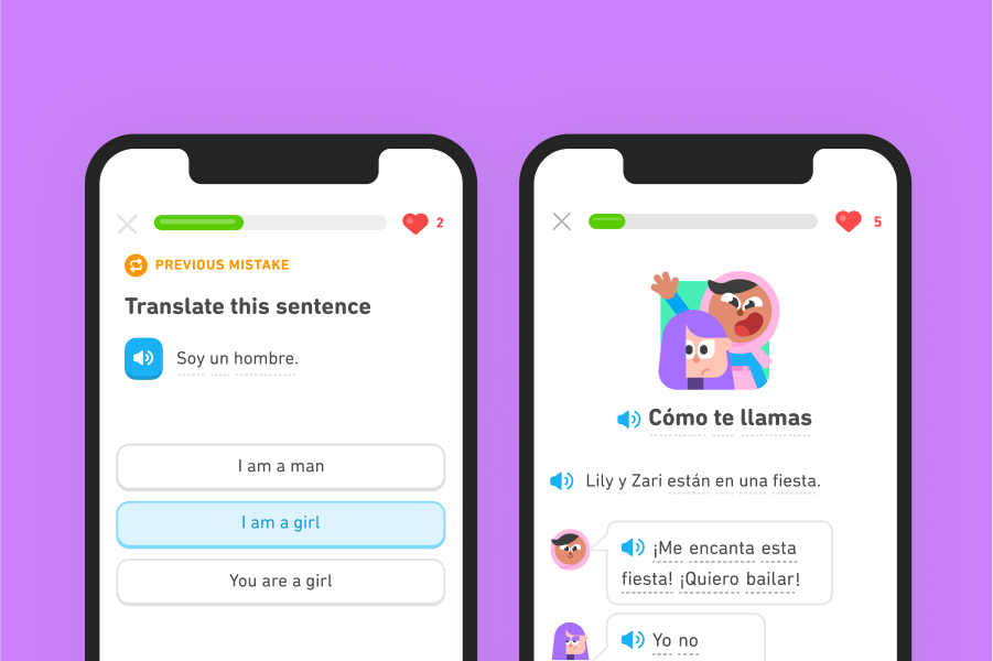 Ilustración de 2 capturas de pantalla: una contiene un ejercicio de traducción y la otra un Cuento de Duolingo