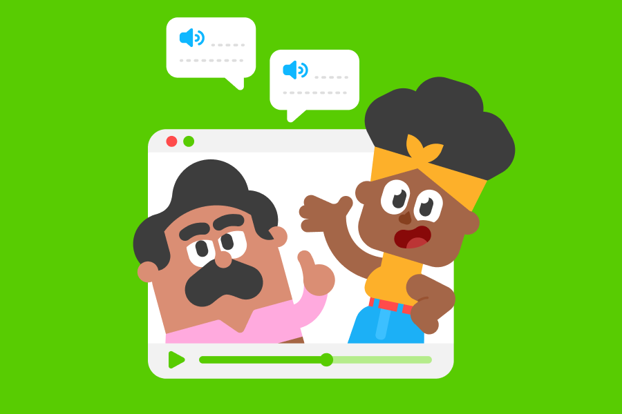 Ilustração do Óscar e da Bia conversando, com balões de diálogo subindo entre eles.