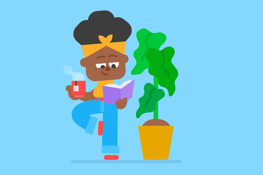 Abbildung von Bea mit einer Tasse Tee in der Hand. Sie steht auf einem Bein und liest in aller Ruhe ein Buch.