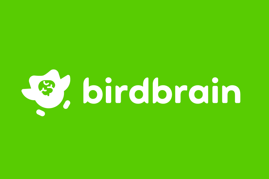 「Birdbrain」の文字の横に、フクロウのデュオのシルエットと、デュオの脳が緑色で描かれたイラスト