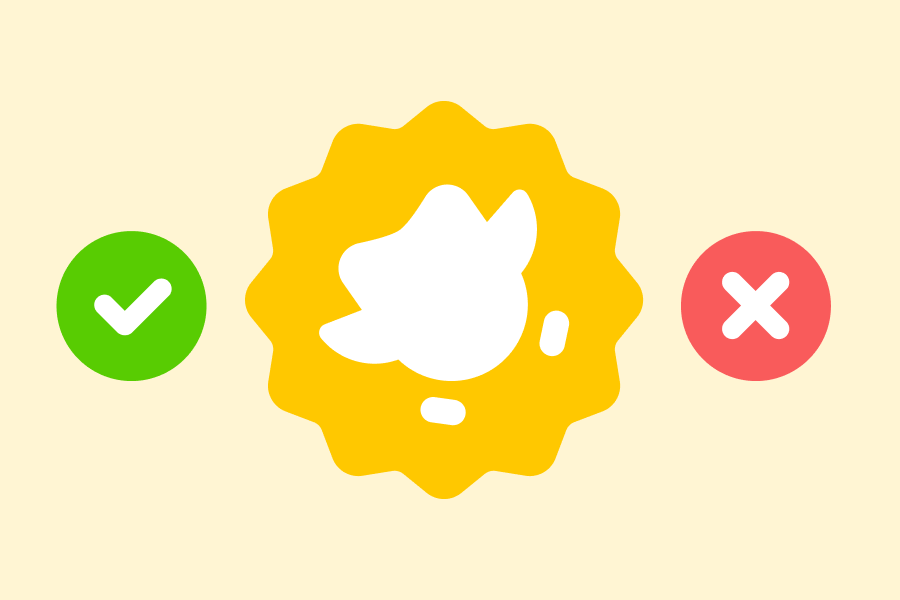 Ilustração do logo dourado do Duolingo English Test entre um sinal de "feito" verde e um sinal de "X" vermelho.