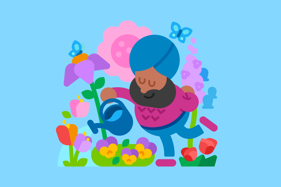 Illustration of Vikram in a colorful flower garden watering some flowers