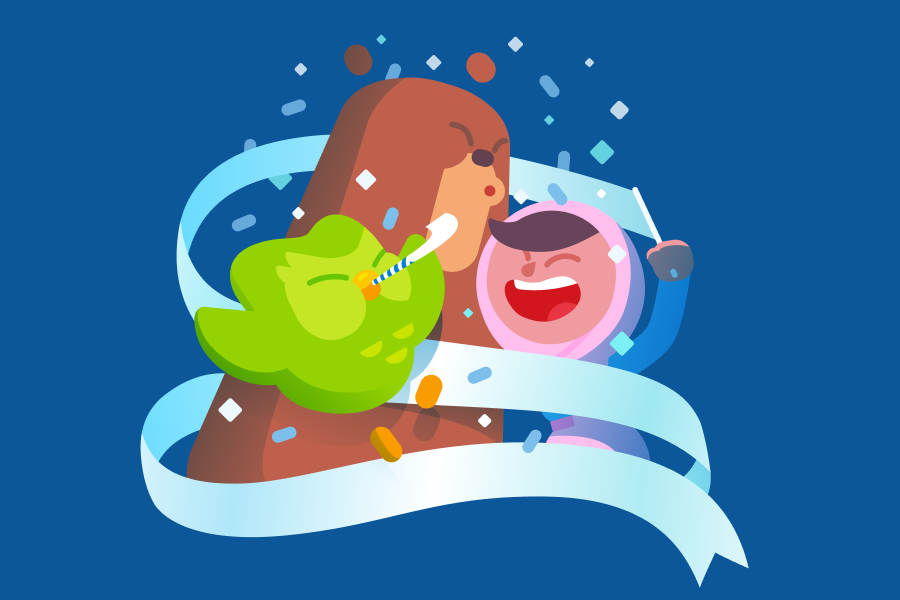 Ilustração dos personagens Zari, Falstaff e Duo comemorando com apito e confete. Zari segura uma longa fita azul-clara.