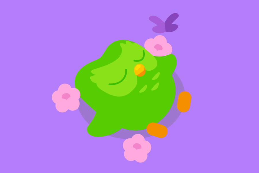 Ilustración de Duo acostado tranquilamente entre flores, con una mariposa morada volando sobre él