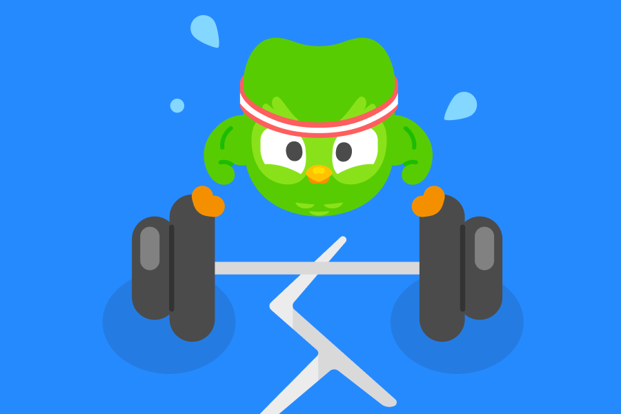 Duo the owl sweating and wearing a headband standing on top of a heavy barbell