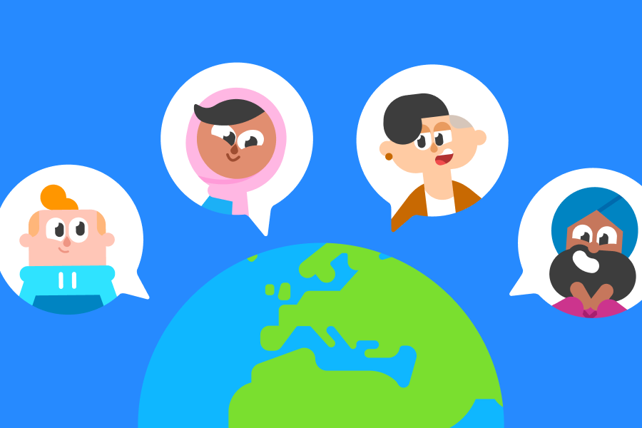 Ilustração do globo terrestre com imagens de Júnior, Zari, Lin e Vikram sobre diferentes partes do mundo.