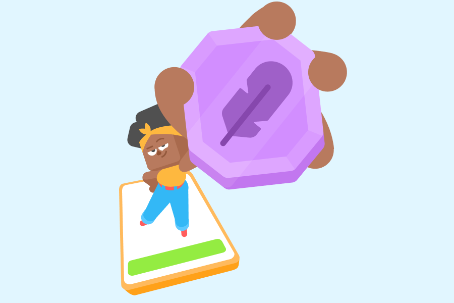 Ilustración de Bea parada sobre un teléfono. Nos muestra el emblema morado de la División Amatista que lleva en su mano.