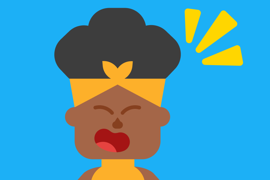 Ilustración de Bea muy entusiasmada, con los ojos cerrados y sonriendo con la boca abierta