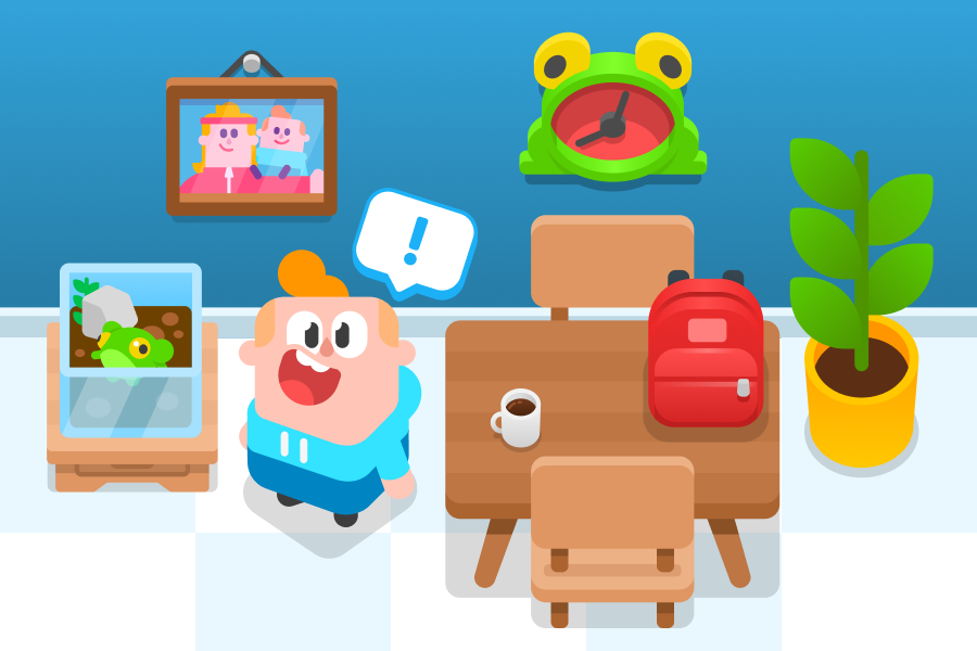 Junior en su habitación con su rana, con una burbuja de diálogo encima. Hay un reloj y una mesa con una taza y una mochila.