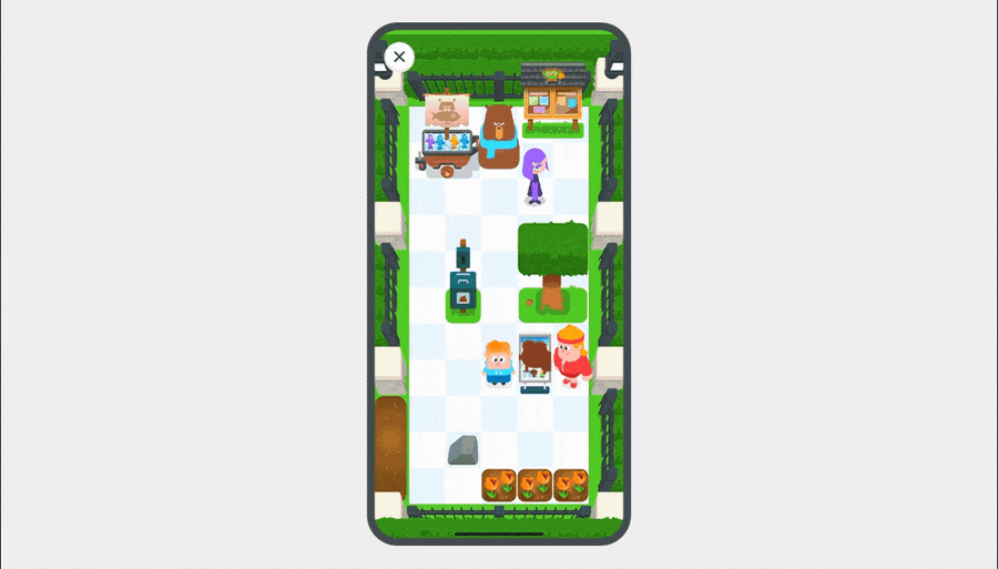 animación de los personajes de Duolingo en una Aventura que ocurre en el parque. Lily camina hasta donde están Eddy y Junior, donde hay un mapa manchado con lodo. Después de interactuar con el mapa y usar un cubo de agua, el mapa queda limpio y Eddy y Junior le dan las gracias en inglés.