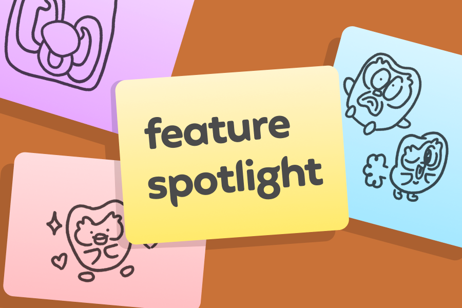 A bulletin board with sticky notes. One reads “feature spotlight”.