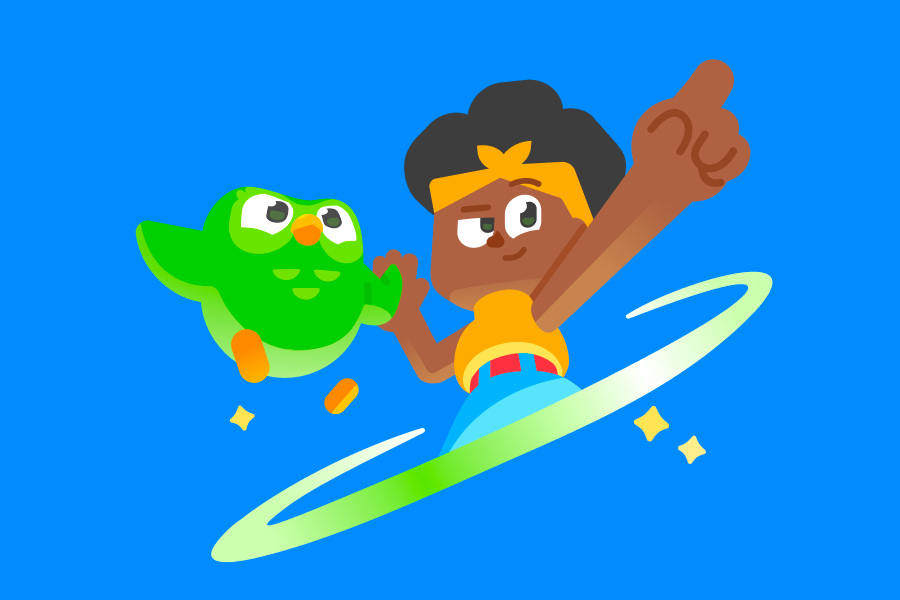 Duo and Bea high-fiving while Bea points to the distance. 