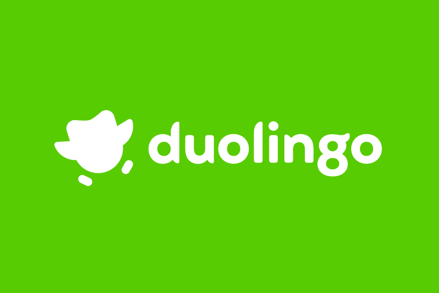 A green image with a white silhouette of Duo the owl next and white text reading "Duolingo"