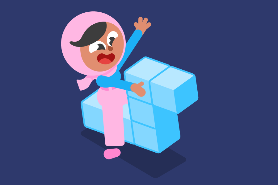 A group of cubes is arranged like a horse, Zari is riding on top looking happy. 