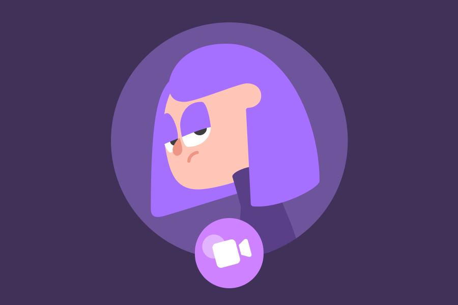 Imagem do rosto da Lily olhando para a câmera. Abaixo, há um ícone roxo de câmera de vídeo.