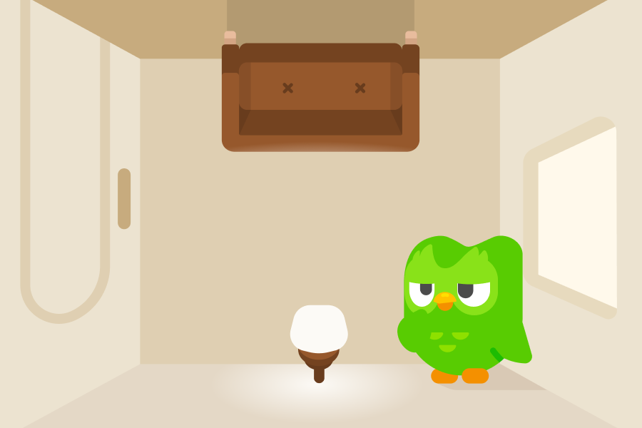 Abbildung von Duo in einem Zimmer, das auf dem Kopf steht. Die Deckenlampe ist auf dem Boden, das Sofa hängt an der Decke.