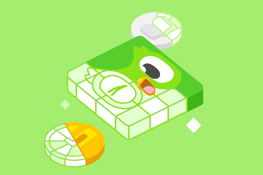 A 3D model of the Duolingo app icon and various elements from the app. 