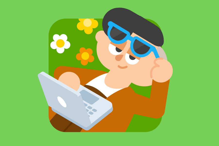 花のそばで寝ころんで、ノートパソコンを胸に抱えたリンのイラスト。