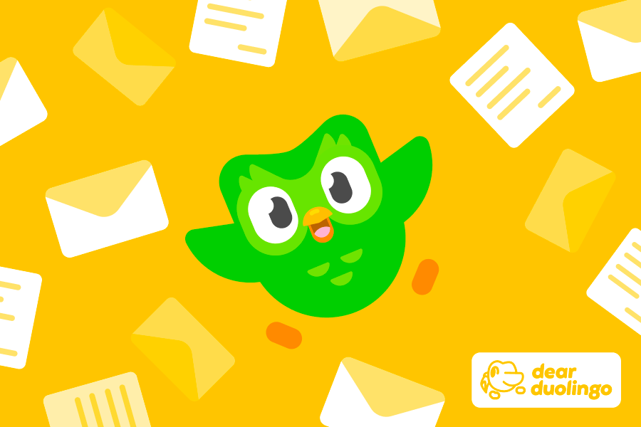 Illustration of Duo the owl surrounded by envelopes and letters with the "Dear Duolingo" logo in the corner