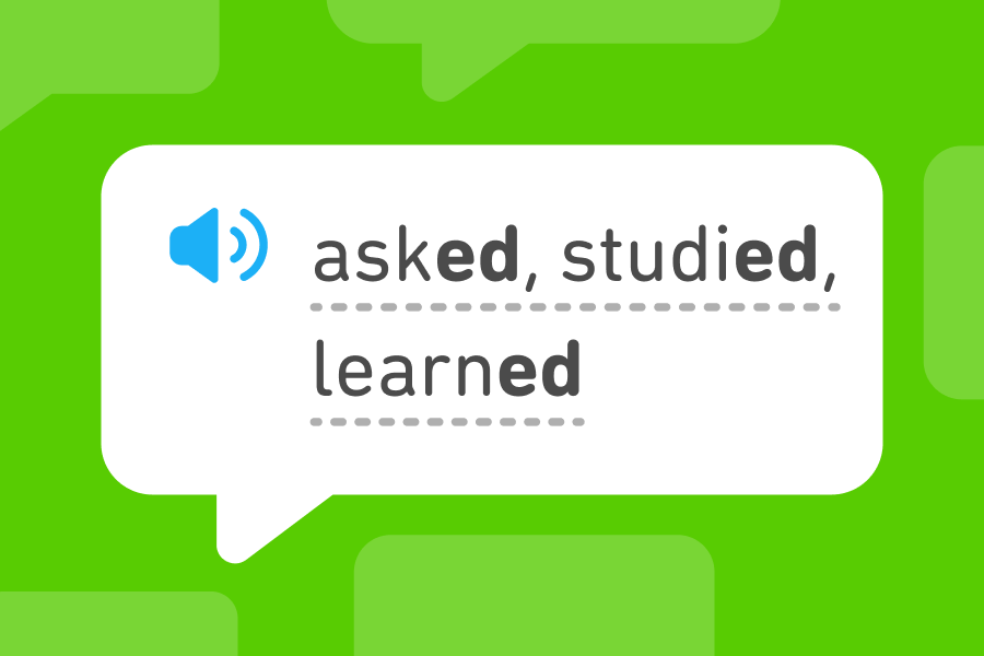 Burbuja de diálogo con tres verbos en inglés en pasado, con la terminación -ed en negritas: asked, studied y learned