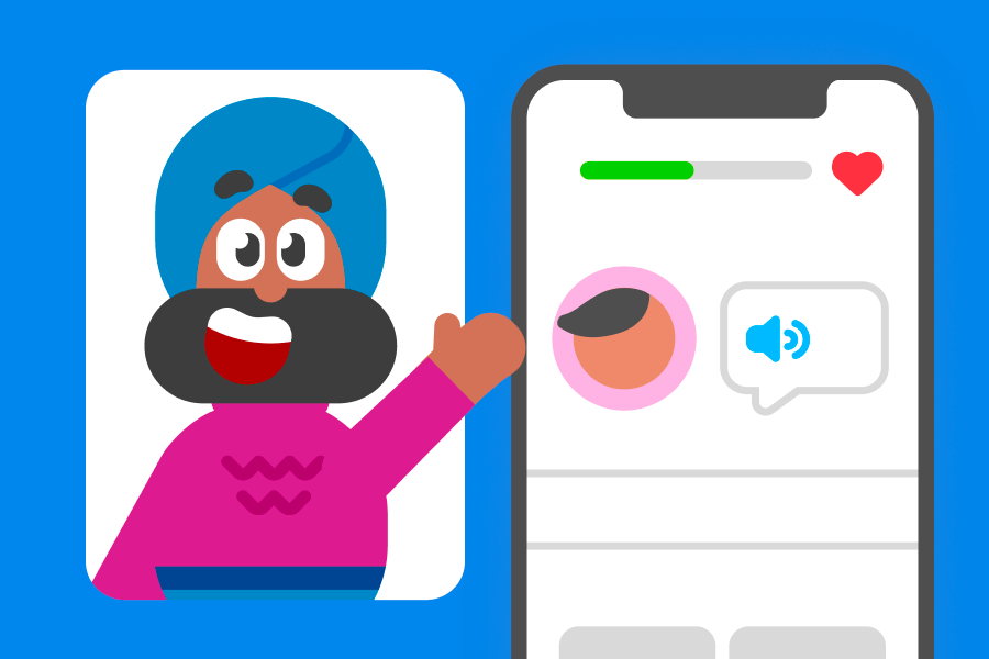 Vikram waving at the viewer, next to a screenshot of a Duolingo lesson