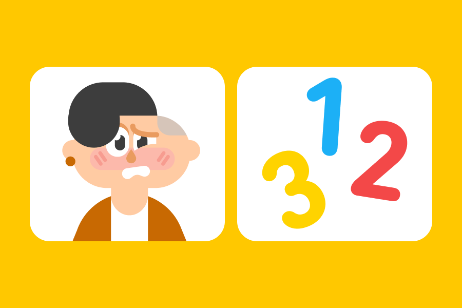 Ilustração da personagem Lin com uma expressão ansiosa ao lado dos números 1, 2 e 3.