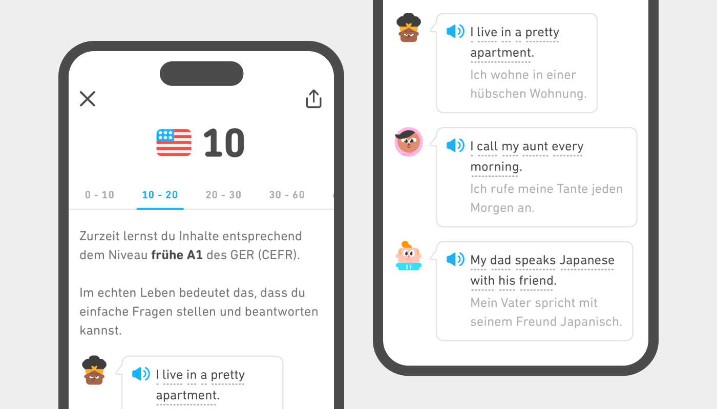 Der obere und untere Bereich eines Screenshots mit weiteren Informationen zum Duolingo Score. Der Text unter dem Score erklärt, dass ein Englisch-Score von 10 für Inhalte auf A1-Niveau des GER steht. Darauf folgen drei Sprechblasen, jeweils mit einem Duolingo-Charakter und einem Beispielsatz auf Englisch, der die Art von Inhalten zeigt, die du bisher gelernt hast.