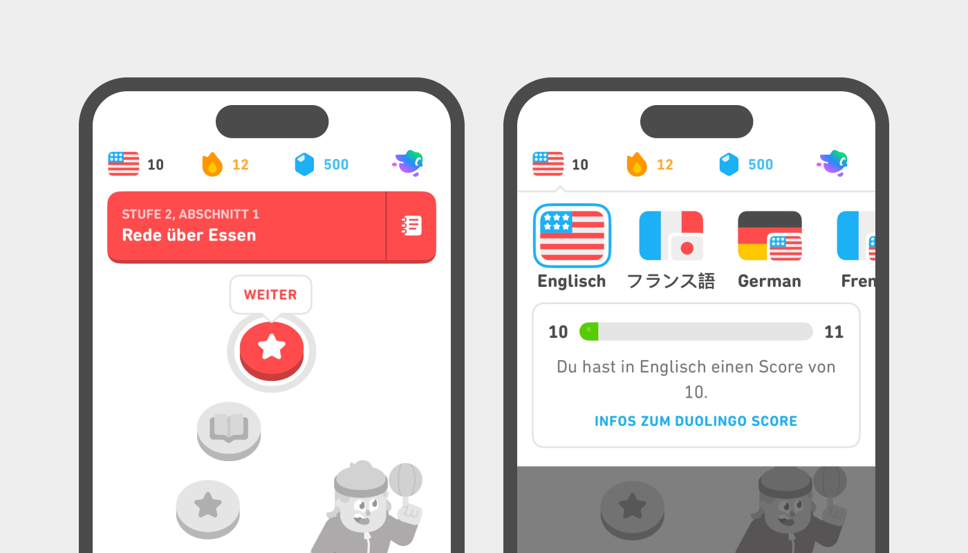 Zwei Screenshots nebeneinander. Der erste zeigt den oberen Bereich der Duolingo-App mit den folgenden Symbolen in der obersten Leiste: die US-amerikanische Flagge mit der Zahl 10 daneben, die Streak-Flamme mit der Zahl 12 sowie ein blauer Gem mit der Zahl 500. Im zweiten Screenshot wurde die amerikanische Flagge angeklickt. Neben einem Balken, der den Fortschritt anzeigt, ist links die Zahl 10 und rechts die Zahl 11. Der Anfang des Balkens ist grün. Unter dem Balken steht der Text: „Du hast in Englisch einen Score von 10. Infos zum Duolingo Score“.