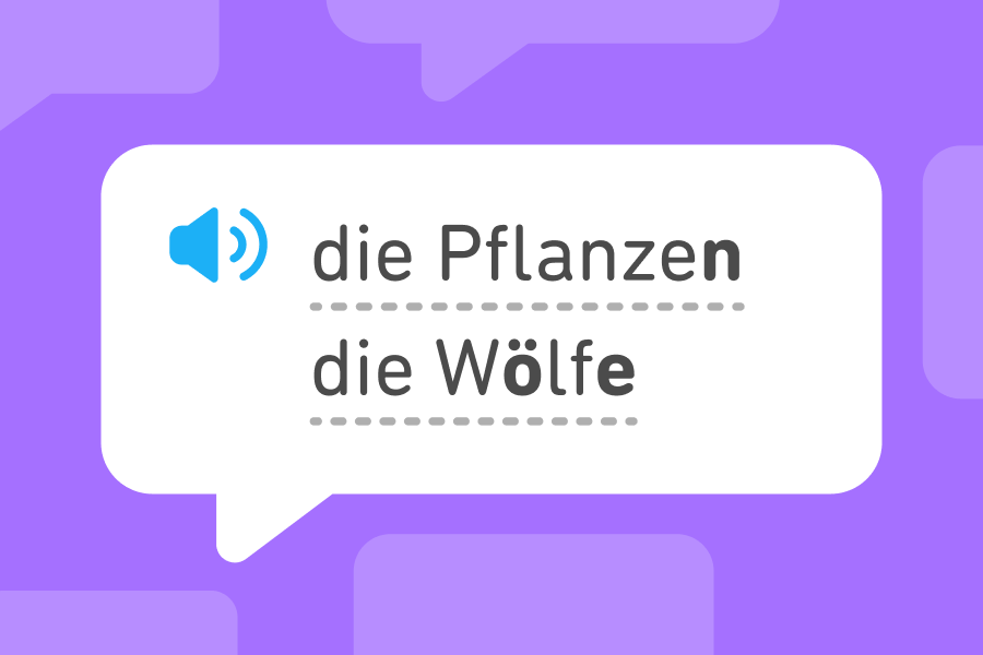 Speech bubble with two plural nouns in German: “die Pflanzen” and “die Wölfe”