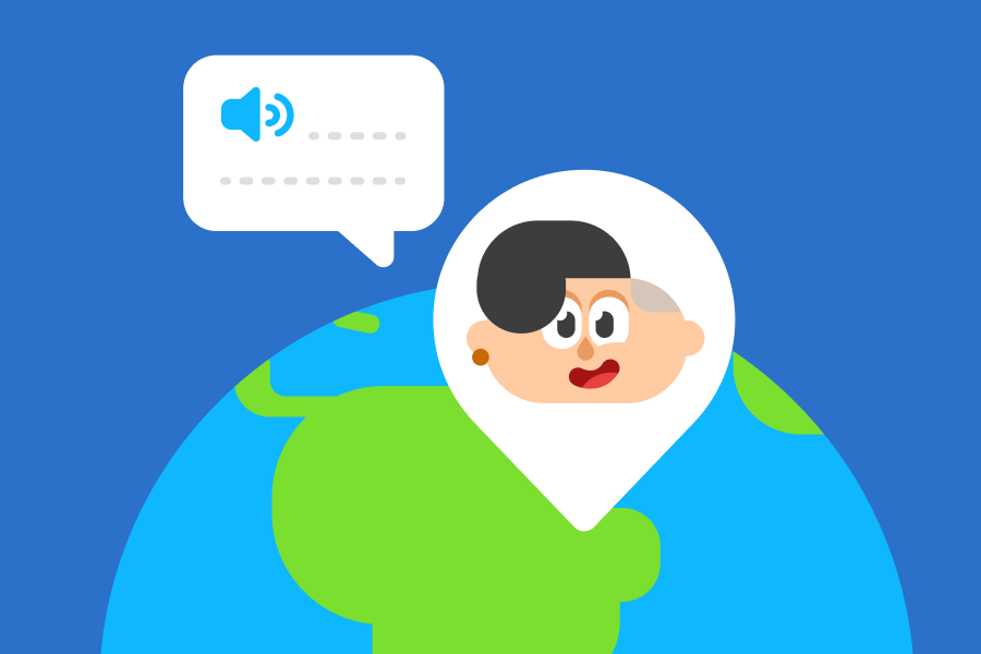 Globo terrestre com um local no Brasil marcado pelo rosto da Lin sorrindo ao lado de um balão de fala.