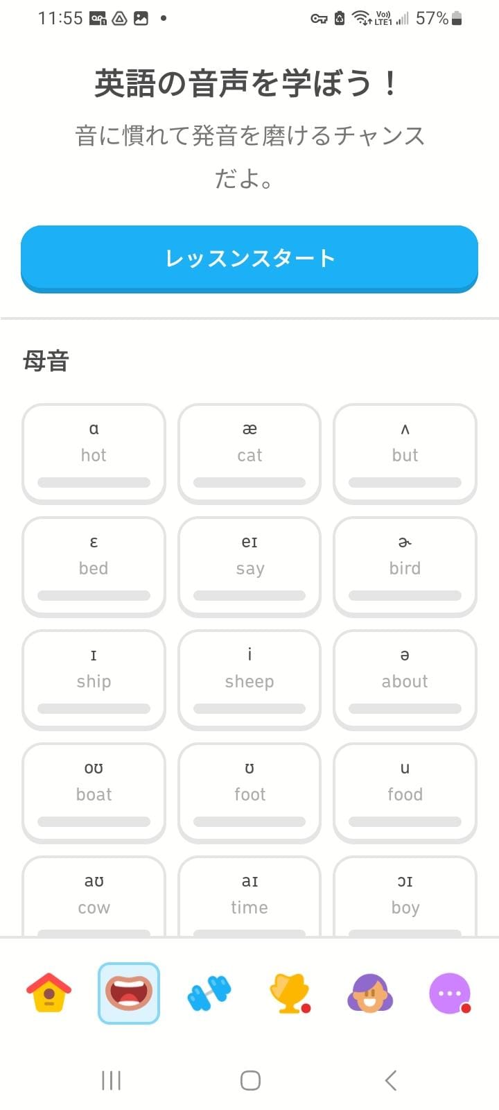英語の音声を正しく学ぶ特別レッスンの画面ショット。「レッスンスタート」のボタンを押すと聞き取りエクササイズが開く。また、各母音や子音の個別の発音を学べる表が、その下に表示されている。