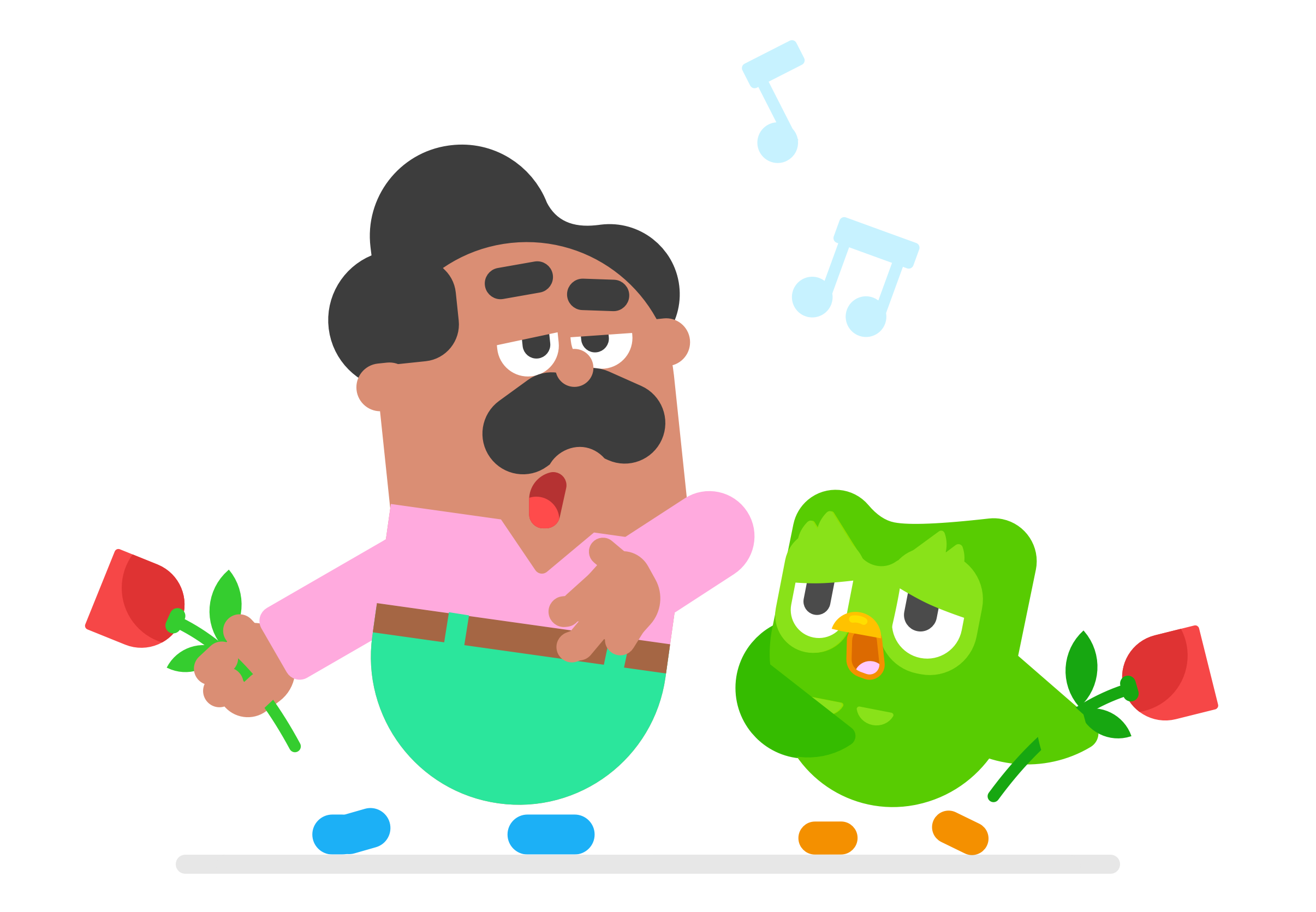 Ilustração do Óscar e do Duo cantando com expressões românticas no rosto e segurando rosas, com duas notas musicais no ar.