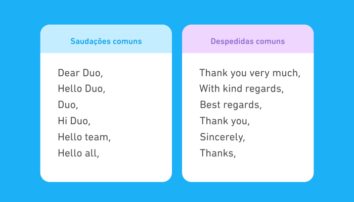Duas caixas de texto lado a lado. A caixa da esquerda inclui saudações comuns: Dear Duo, Hello Duo, Duo, Hi Duo, Hello team e Hello all. A caixa da direita inclui despedidas comuns: Thank you very much, With kind regards, Best regards, Thank you, Sincerely e Thanks.
