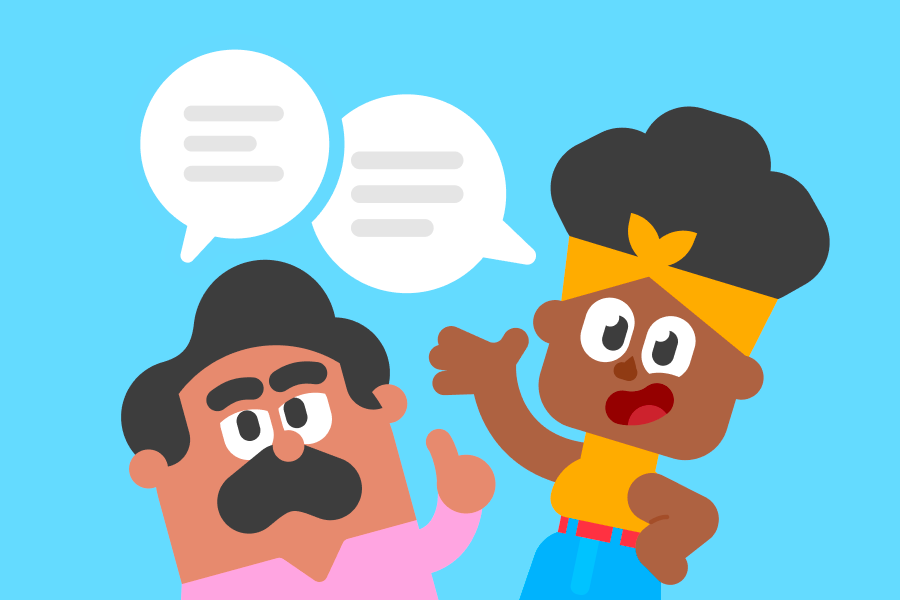 Oscar and Bea with speech bubbles above their heads, smiling and waving at the viewer