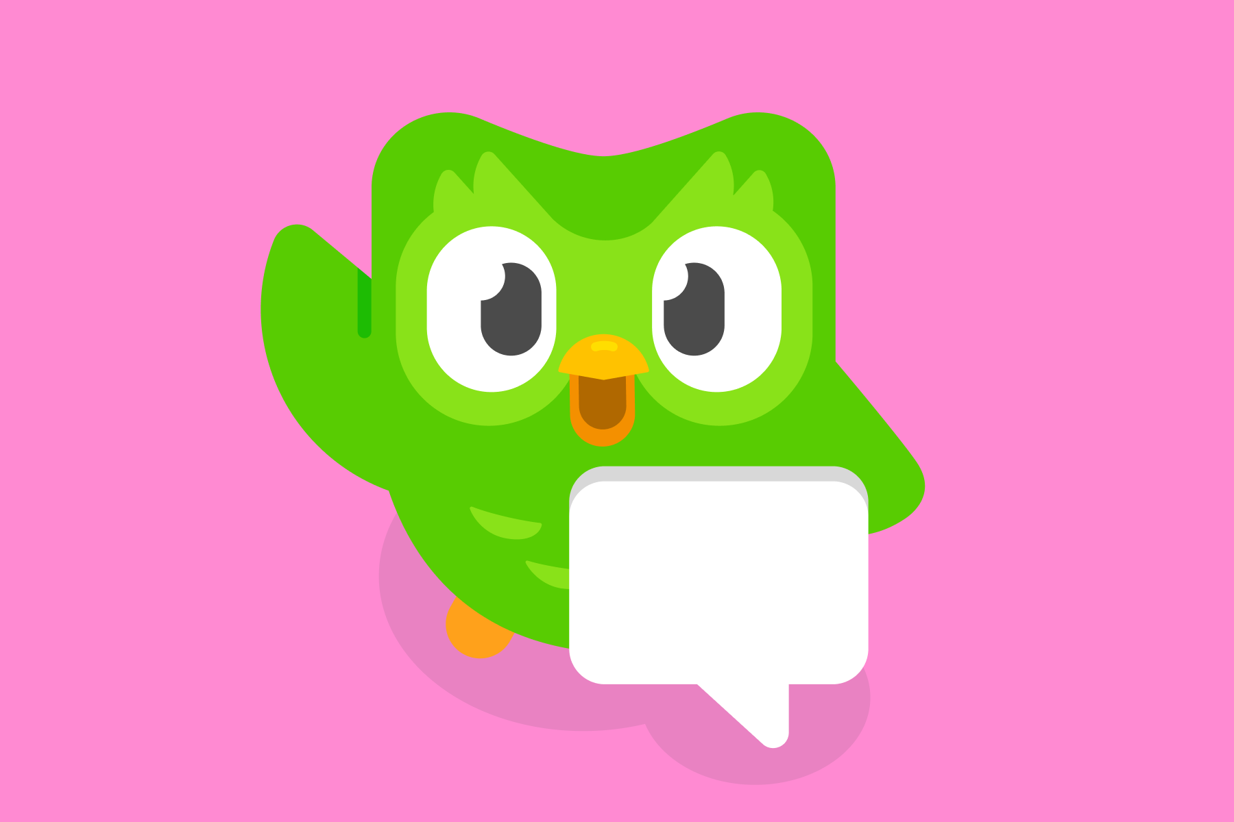 Duo the owl on a pink background, waving and standing behind a floating speech bubble