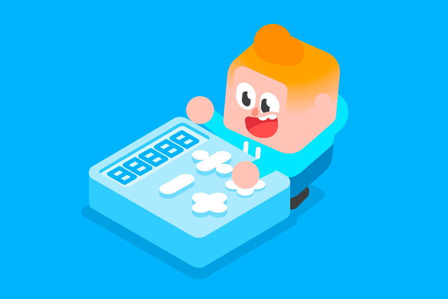 Junior steht vor einem riesigen Taschenrechner und lacht begeistert.